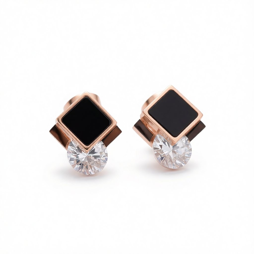 Black & Cubic Zirconia Rhombus Stud Earrings
