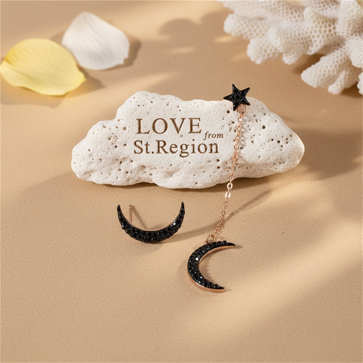 Black Cubic Zirconia and 18K Rose Gold-Plated Moon Stud and Drop Earrings, rose gold stud earrings for women, lifestyle look
