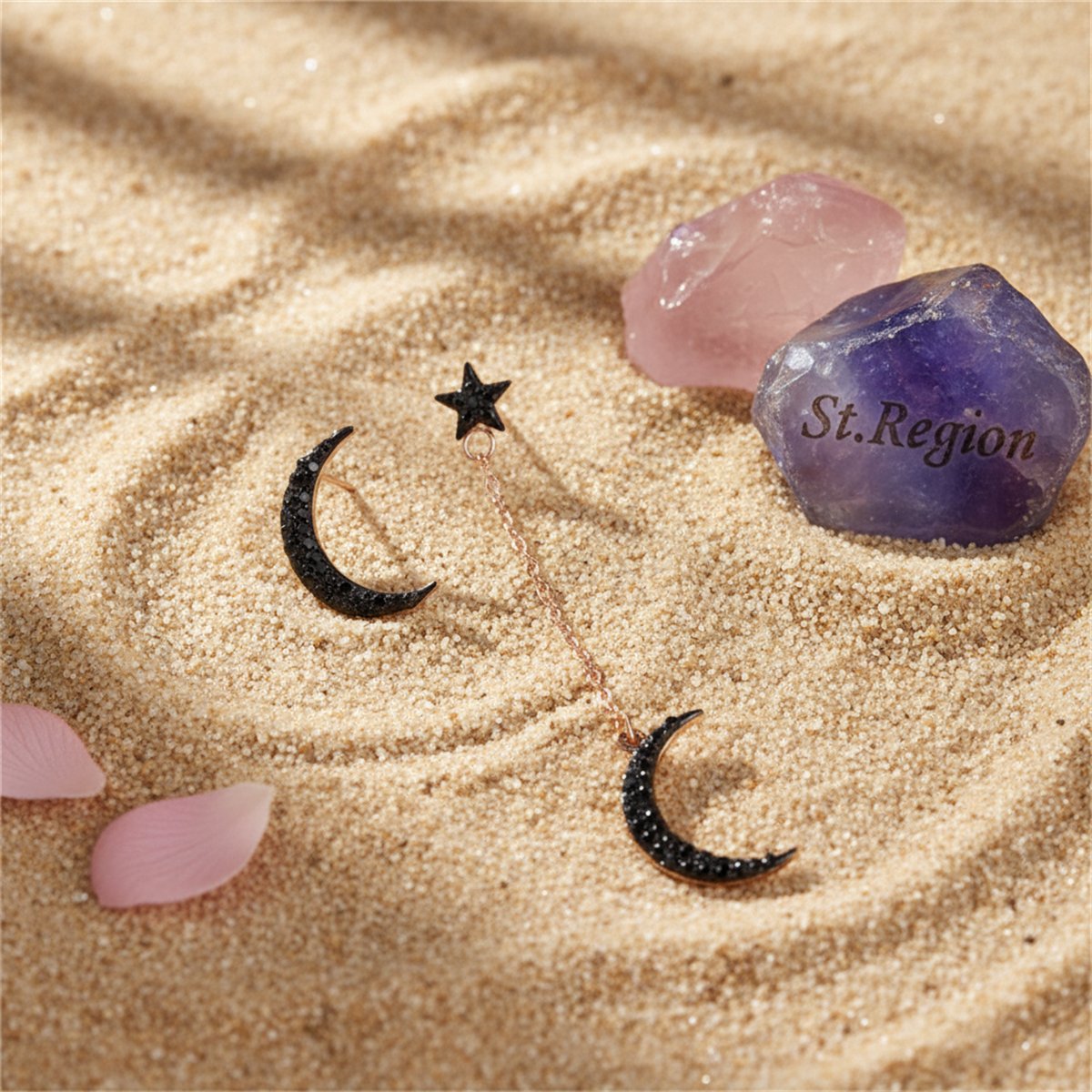 Black Cubic Zirconia and 18K Rose Gold-Plated Moon Stud and Drop Earrings, rose gold stud earrings for women, detail close-up