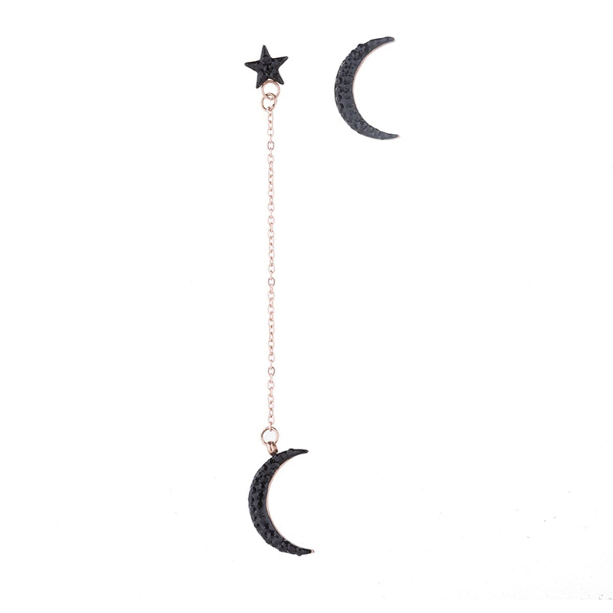 Black Cubic Zirconia and 18K Rose Gold-Plated Moon Stud and Drop Earrings, rose gold stud earrings for women, side view