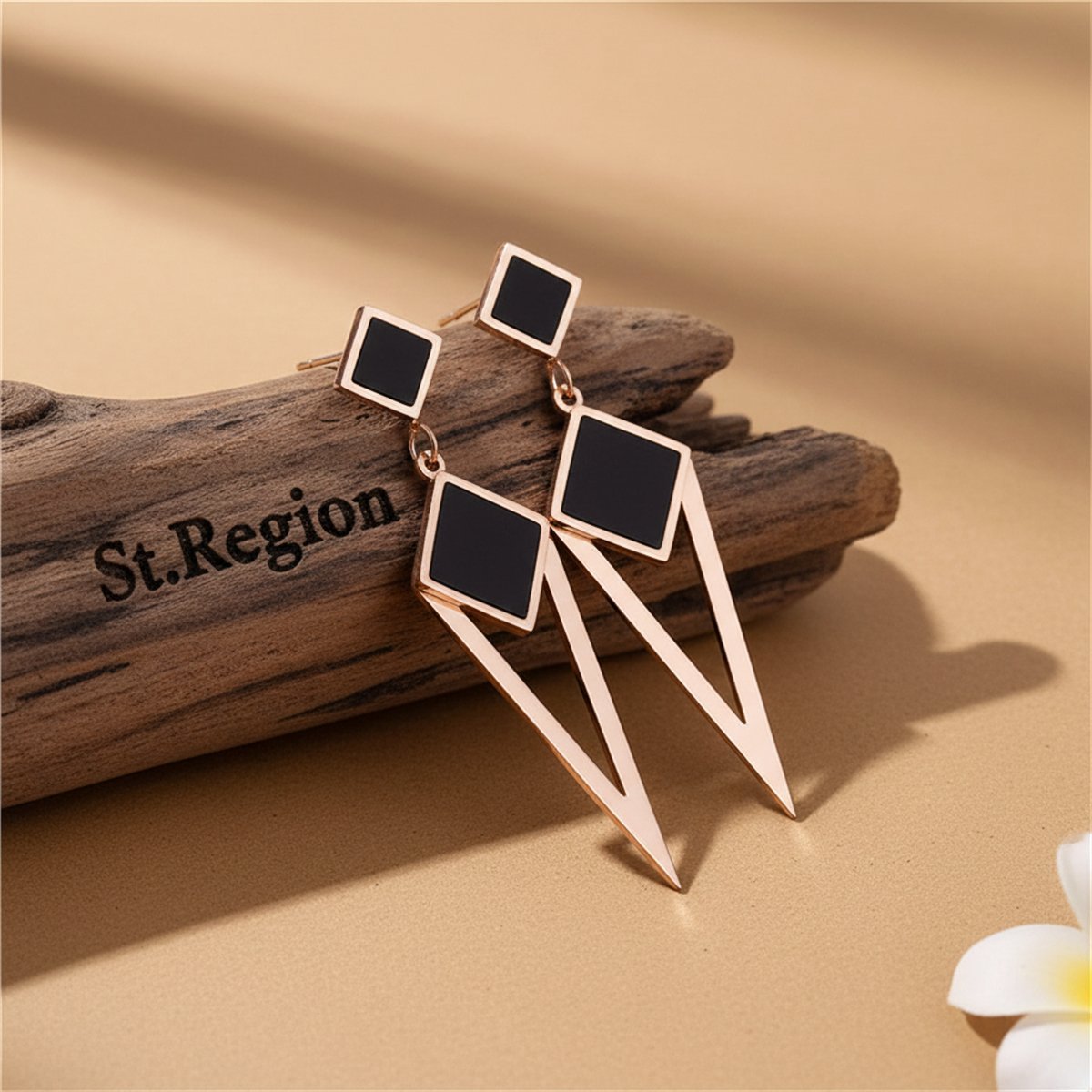 Black and 18K Rose Gold-Plated Geometric Openwork Drop Earrings, rose gold drop earrings for women, front view