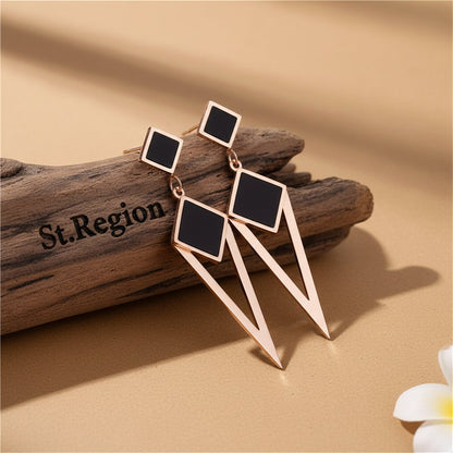 Black and 18K Rose Gold-Plated Geometric Openwork Drop Earrings, rose gold drop earrings for women, front view