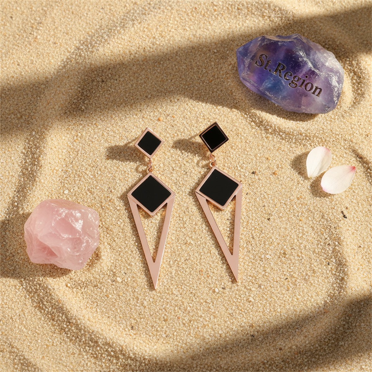 Black and 18K Rose Gold-Plated Geometric Openwork Drop Earrings, rose gold drop earrings for women, detail close-up