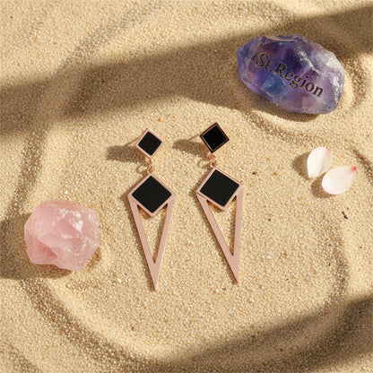 Black and 18K Rose Gold-Plated Geometric Openwork Drop Earrings, rose gold drop earrings for women, detail close-up
