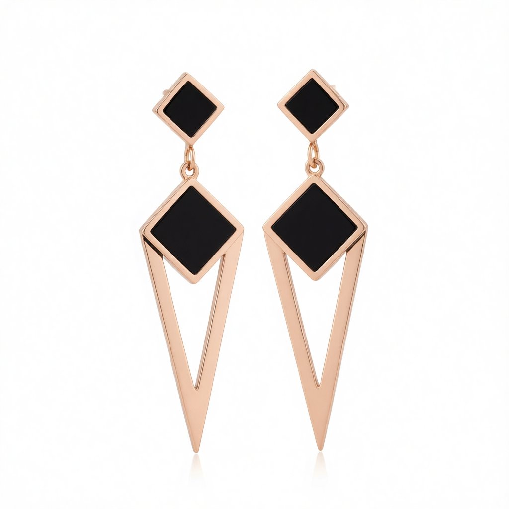 Black and 18K Rose Gold-Plated Geometric Openwork Drop Earrings, rose gold drop earrings for women, side view