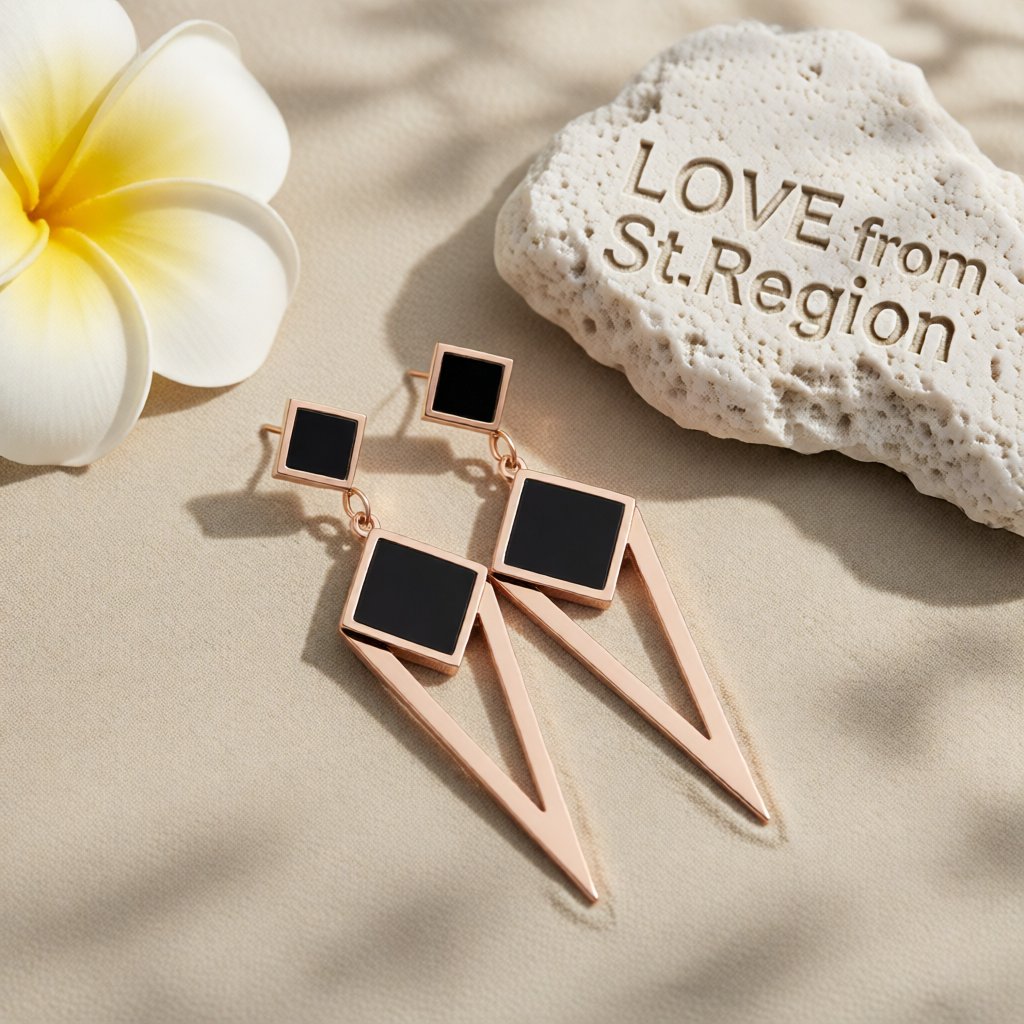 Black and 18K Rose Gold-Plated Geometric Openwork Drop Earrings, rose gold drop earrings for women, lifestyle look
