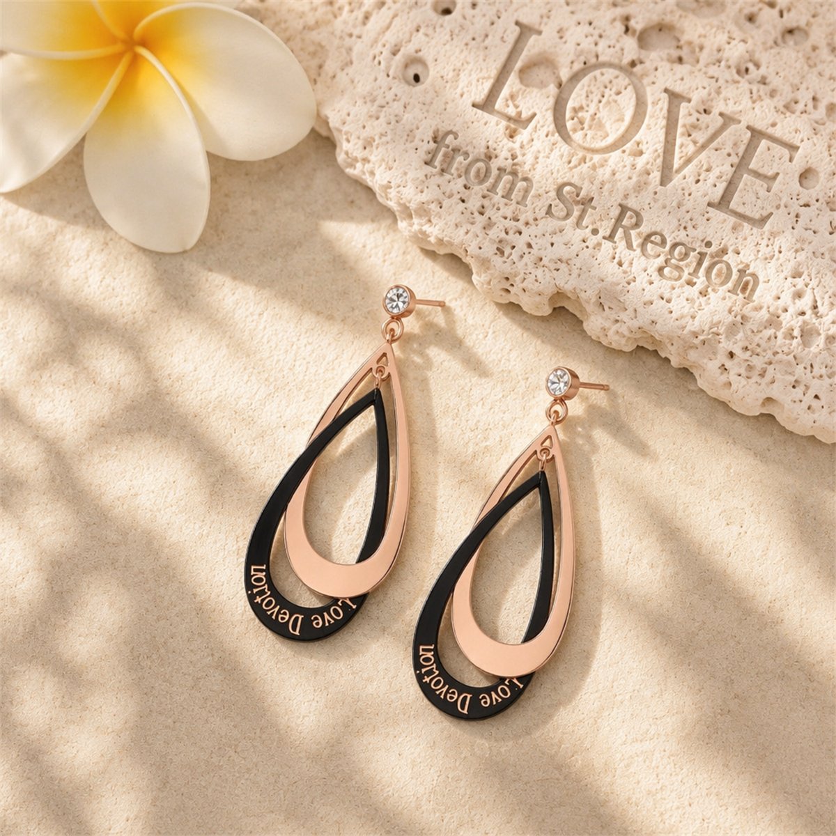 18K Rose Gold-Plated Interlocking Drop Earrings, rose gold drop earrings for women, everyday style, lifestyle look