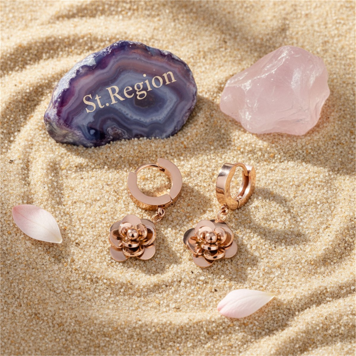 18K Rose Gold-Plated Camellia Drop Earring, rose gold huggie earrings, vintage-inspired design, detail close-up