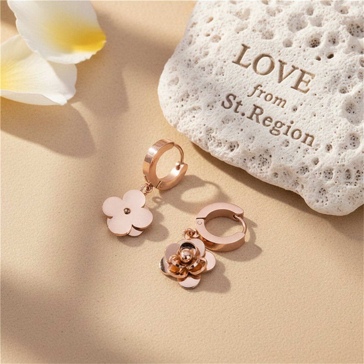 18K Rose Gold-Plated Camellia Drop Earring, rose gold huggie earrings, vintage-inspired design, lifestyle look