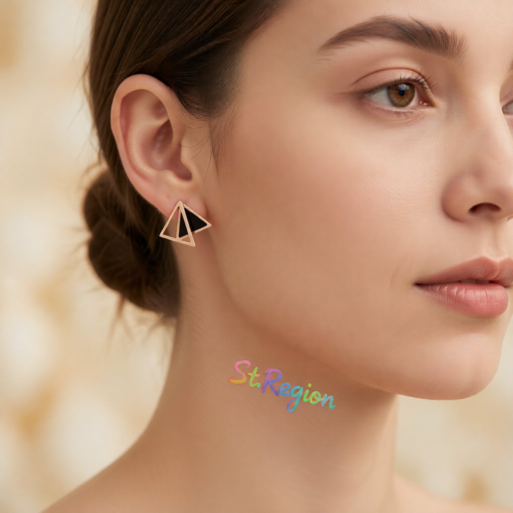 18K Rose Gold-Plated Double Triangle Stud Earrings, rose gold stud earrings for women, dainty minimalist design, styled look