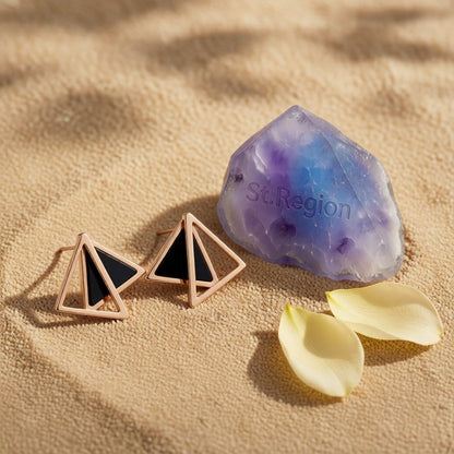 18K Rose Gold-Plated Double Triangle Stud Earrings, rose gold stud earrings for women, detail close-up