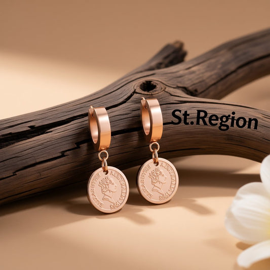 18K Rose Gold-Plated Queen Coin Hoop Earring, rose gold huggie earrings, dainty minimalist design, front view