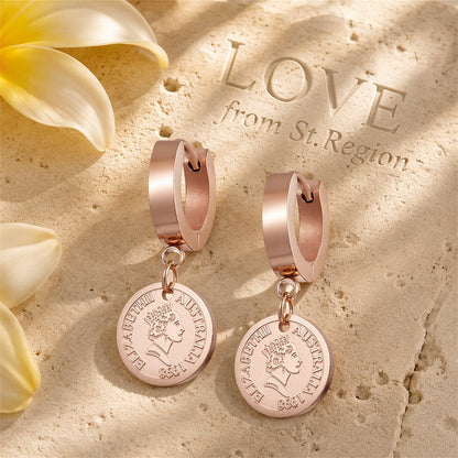 18K Rose Gold-Plated Queen Coin Hoop Earring, rose gold huggie earrings, dainty minimalist design, lifestyle look
