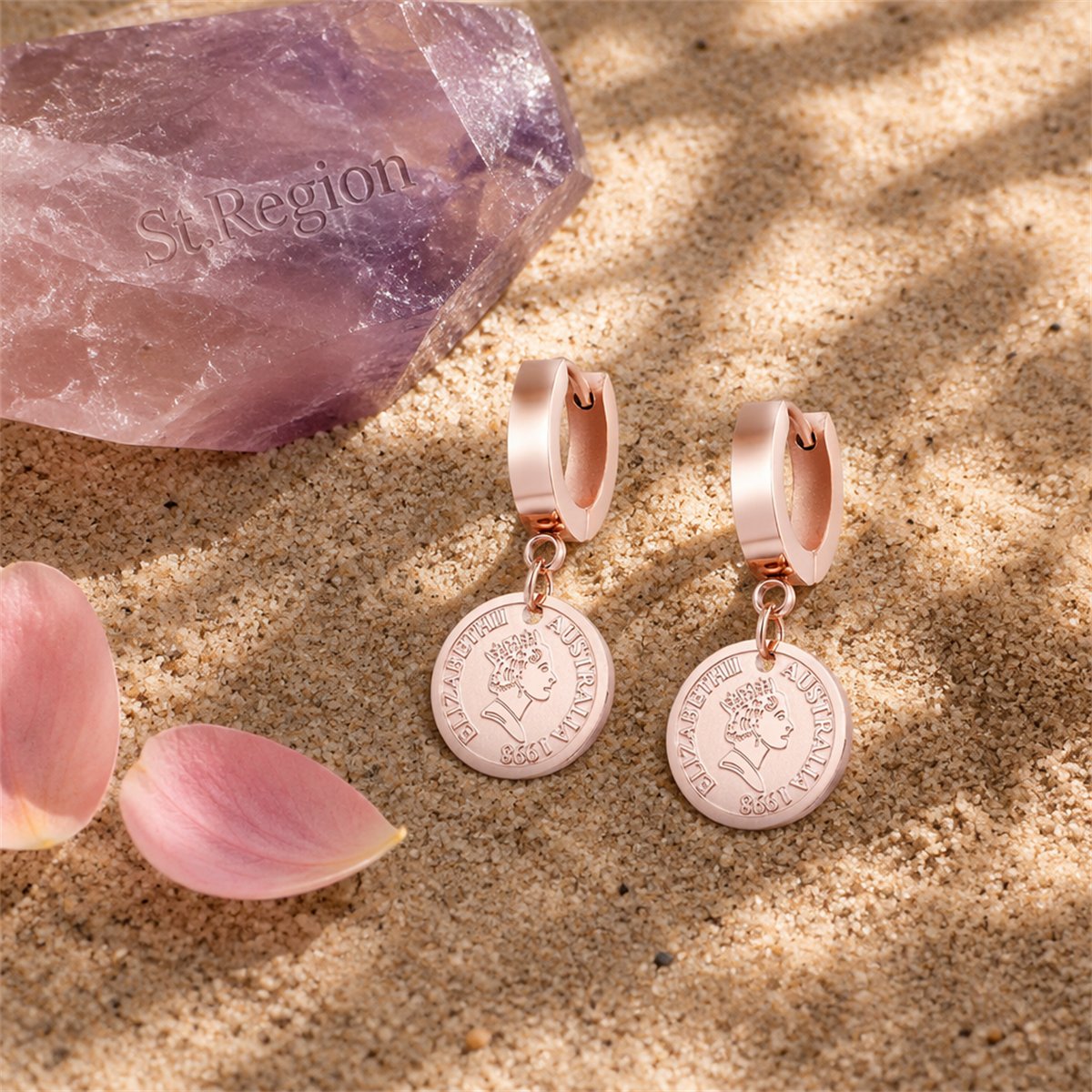 18K Rose Gold-Plated Queen Coin Hoop Earring, rose gold huggie earrings, dainty minimalist design, detail close-up