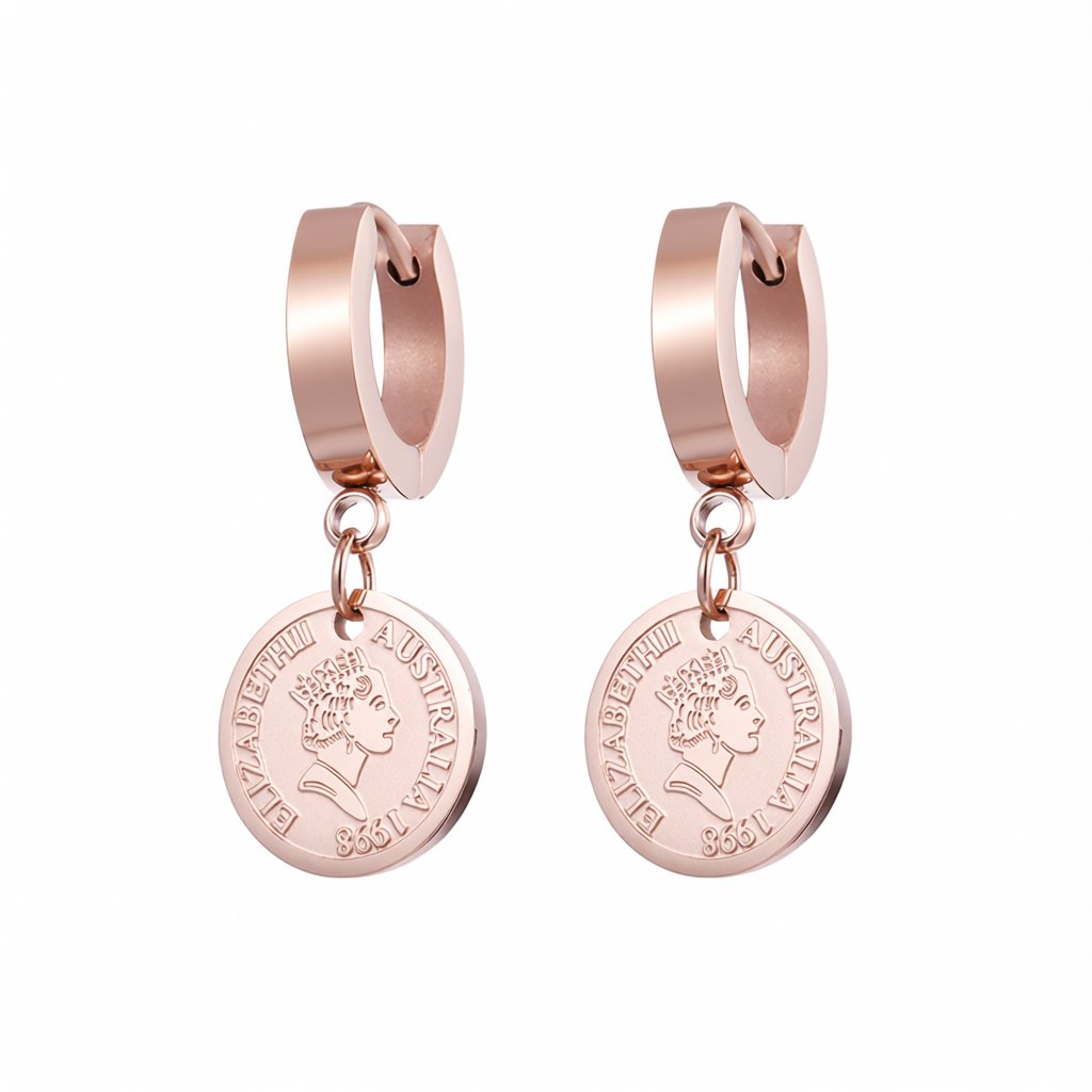 18K Rose Gold-Plated Queen Coin Hoop Earring, rose gold huggie earrings, dainty minimalist design, side view