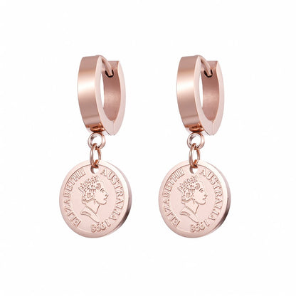 18K Rose Gold-Plated Queen Coin Hoop Earring, rose gold huggie earrings, dainty minimalist design, side view