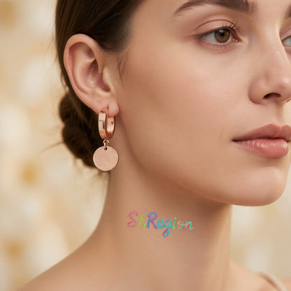 18K Rose Gold-Plated Queen Coin Hoop Earring, rose gold huggie earrings, dainty minimalist design, styled look