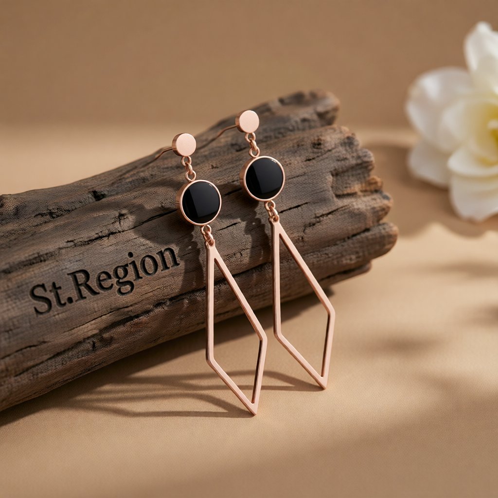 Black & 18K Rose Gold-Plated Rhombus Drop Earring
