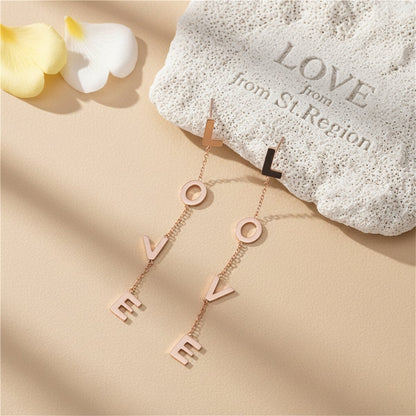 18K Rose Gold-Plated 'Love' Drop Earrings, rose gold drop earrings for women, everyday style, lifestyle look