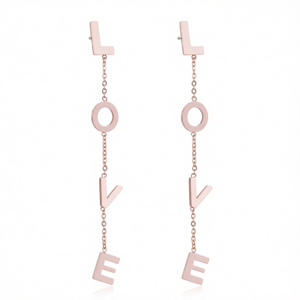 18K Rose Gold-Plated 'Love' Drop Earrings, rose gold drop earrings for women, everyday style, side view