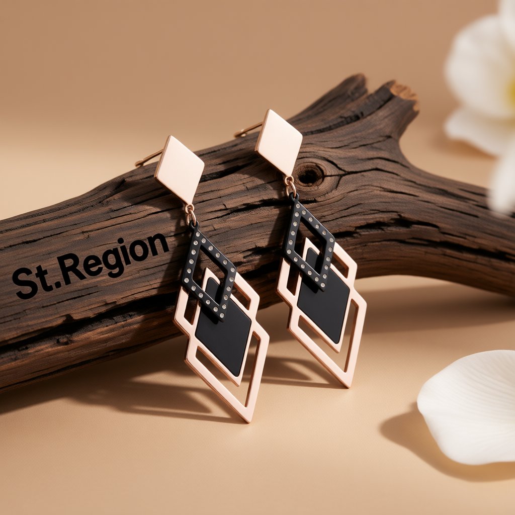 Black Acrylic and 18K Rose Gold-Plated Rhombus-Cut Drop Earrings, rose gold drop earrings for women, front view