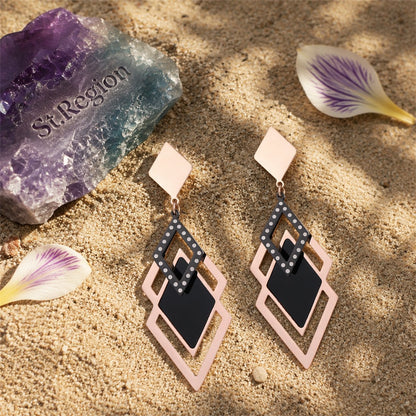 Black Acrylic and 18K Rose Gold-Plated Rhombus-Cut Drop Earrings, rose gold drop earrings for women, detail close-up