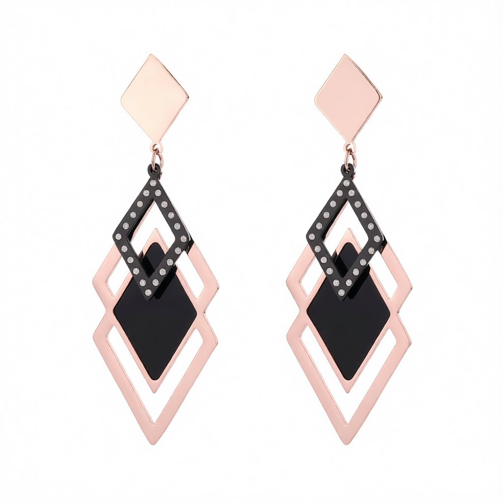 Black Acrylic and 18K Rose Gold-Plated Rhombus-Cut Drop Earrings, rose gold drop earrings for women, side view