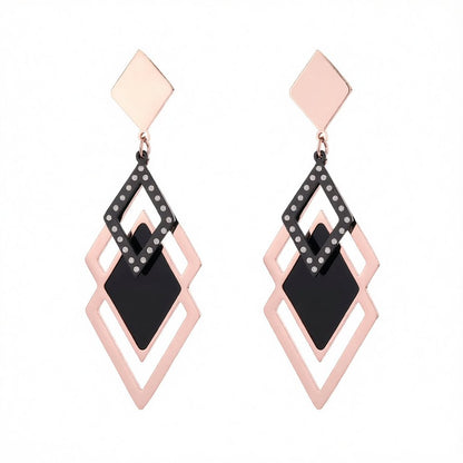 Black Acrylic and 18K Rose Gold-Plated Rhombus-Cut Drop Earrings, rose gold drop earrings for women, side view
