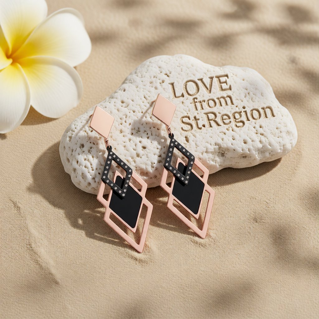 Black Acrylic and 18K Rose Gold-Plated Rhombus-Cut Drop Earrings, rose gold drop earrings for women, lifestyle look