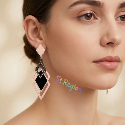 Black Acrylic and 18K Rose Gold-Plated Rhombus-Cut Drop Earrings, rose gold drop earrings for women, styled look