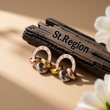 18K Rose Gold-Plated Triple Ring Stud Earrings, rose gold stud earrings for women, elegant gift for her, front view