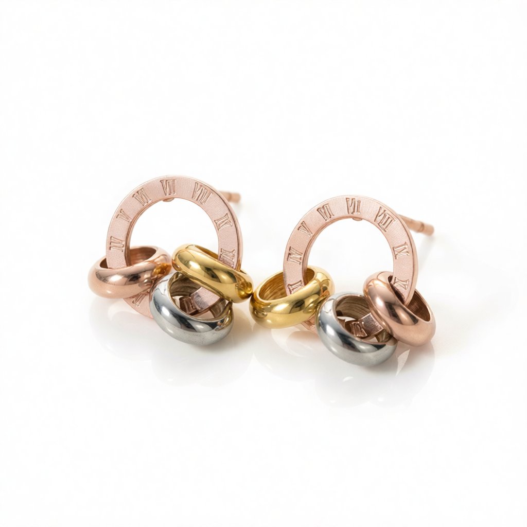 18K Rose Gold-Plated Triple Ring Stud Earrings, rose gold stud earrings for women, elegant gift for her, side view