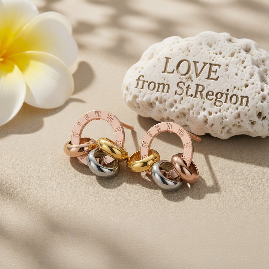 18K Rose Gold-Plated Triple Ring Stud Earrings, rose gold stud earrings for women, elegant gift for her, lifestyle look