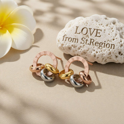 18K Rose Gold-Plated Triple Ring Stud Earrings, rose gold stud earrings for women, elegant gift for her, lifestyle look