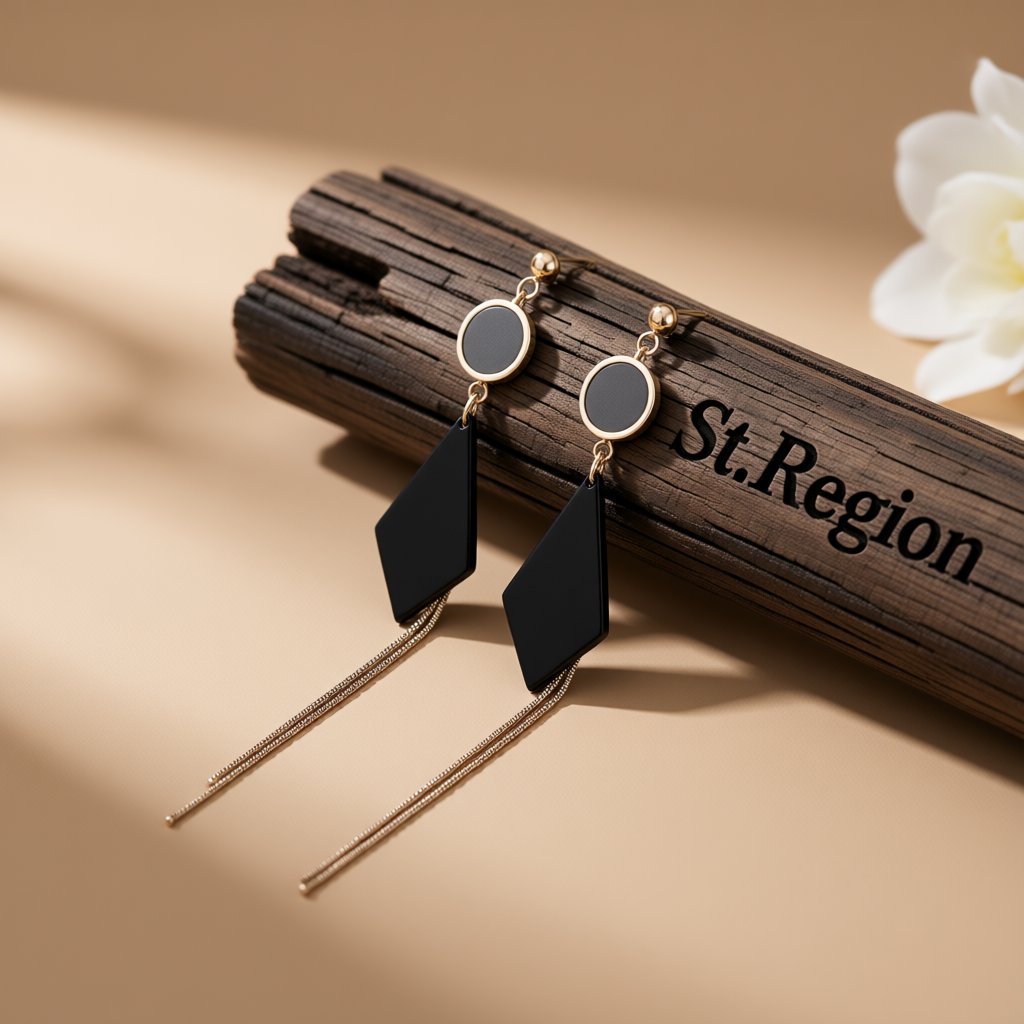 Black and 18K Rose Gold-Plated Round and Rhombus Drop Earrings, rose gold drop earrings for women, front view