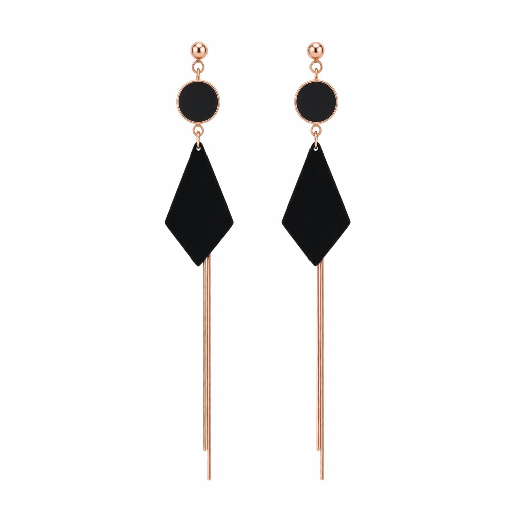 Black and 18K Rose Gold-Plated Round and Rhombus Drop Earrings, rose gold drop earrings for women, side view