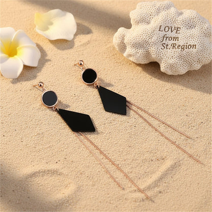 Black and 18K Rose Gold-Plated Round and Rhombus Drop Earrings, rose gold drop earrings for women, lifestyle look