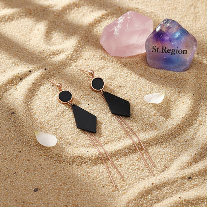 Black and 18K Rose Gold-Plated Round and Rhombus Drop Earrings, rose gold drop earrings for women, detail close-up