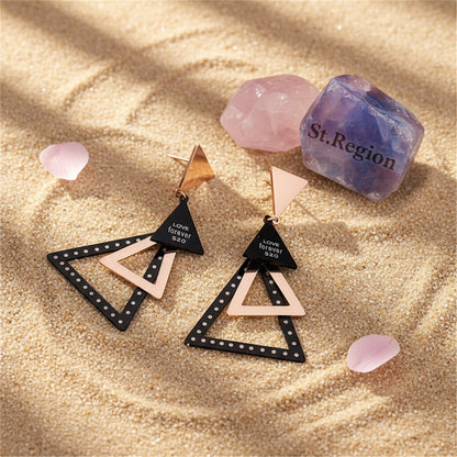 18K Rose Gold-Plated Triple Triangle Drop Earring, rose gold drop earrings for women, botanical inspired, detail close-up