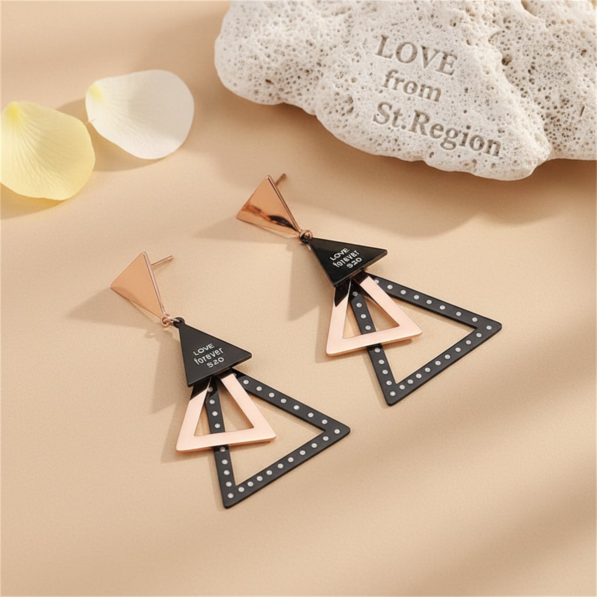 18K Rose Gold-Plated Triple Triangle Drop Earring, rose gold drop earrings for women, botanical inspired, lifestyle look