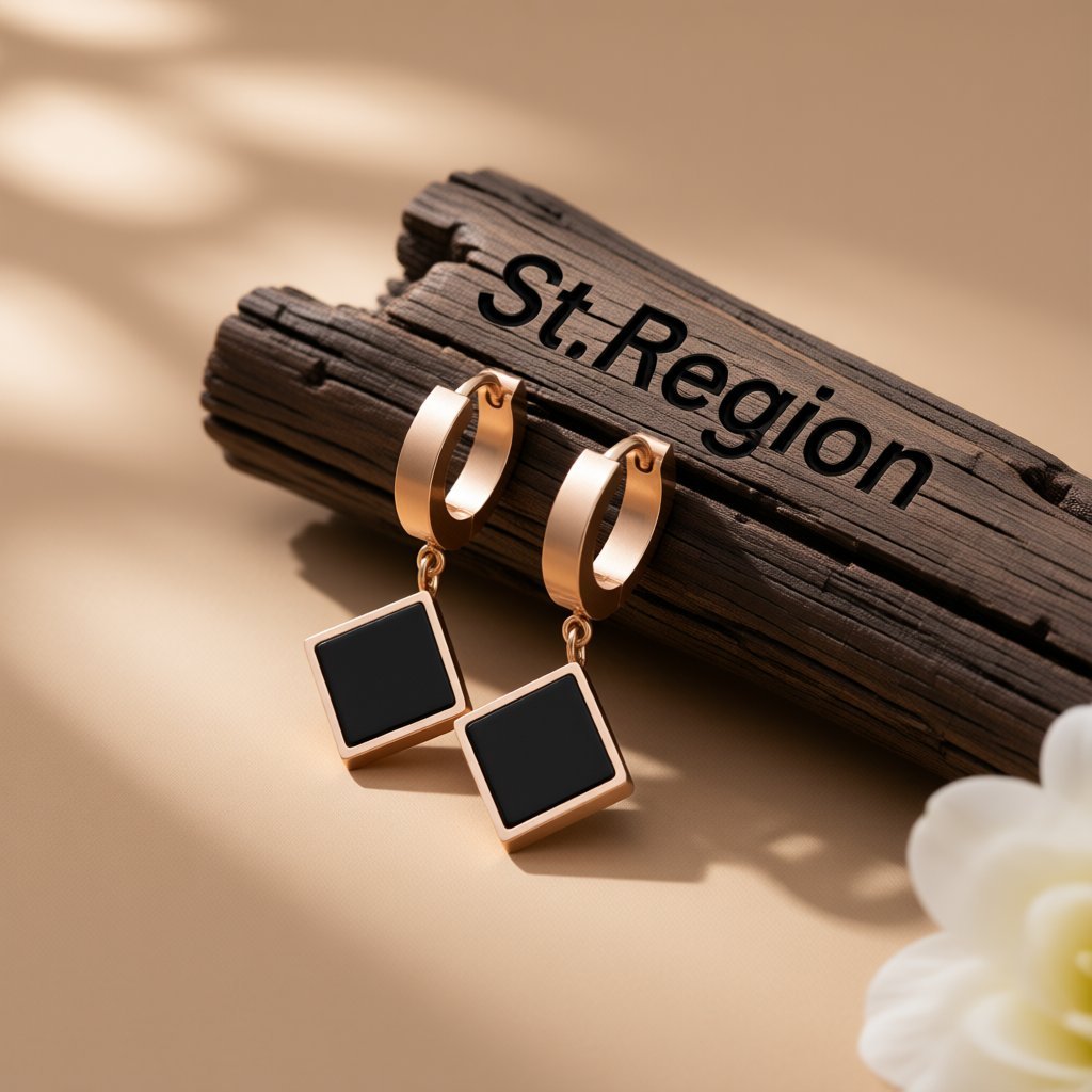 Black and 18K Rose Gold-Plated Rhombus Drop Earrings, rose gold huggie earrings, botanical inspired, front view