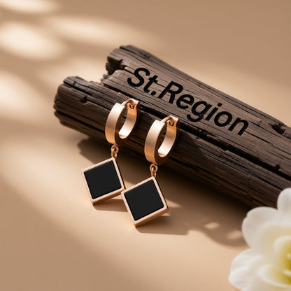 Black and 18K Rose Gold-Plated Rhombus Drop Earrings, rose gold huggie earrings, botanical inspired, front view