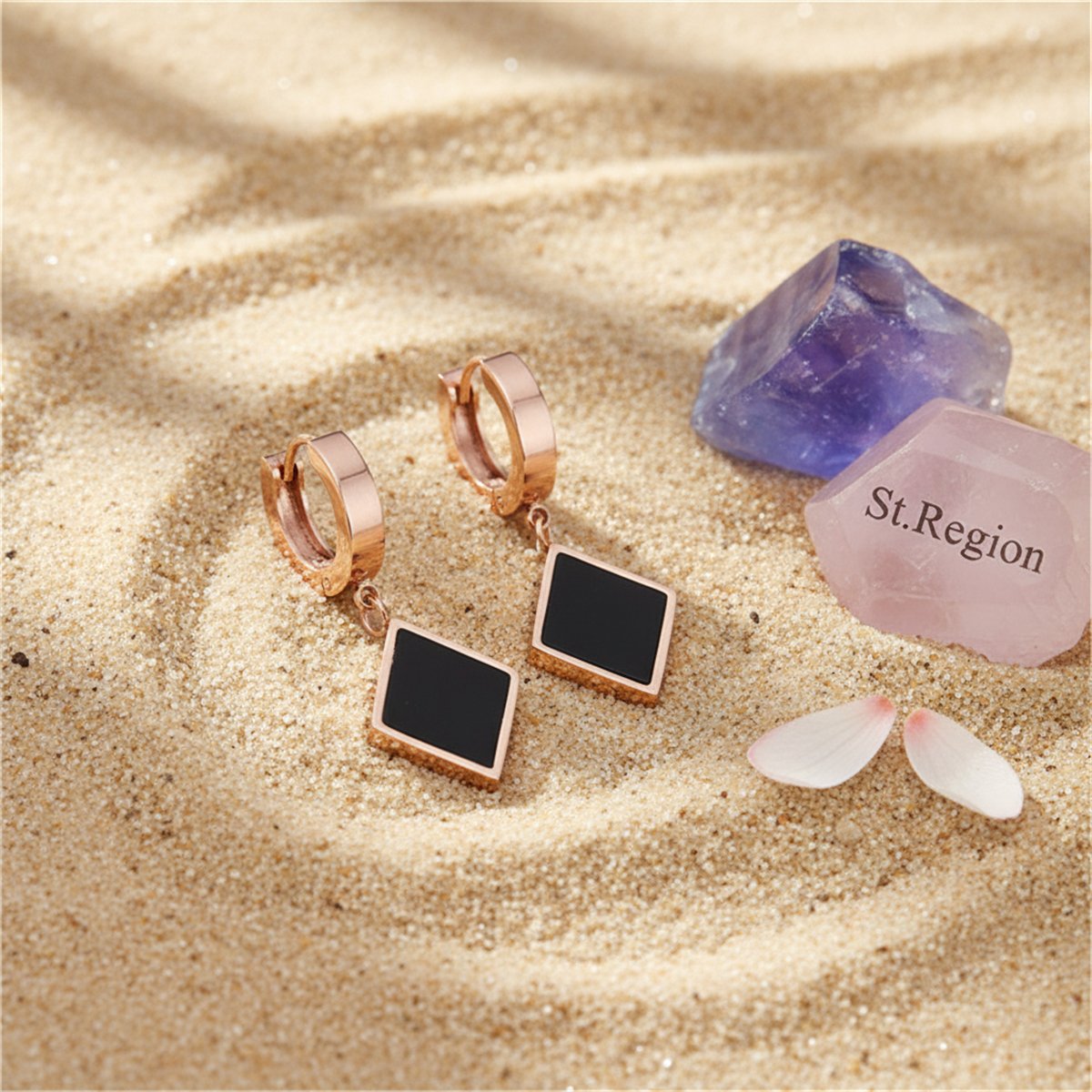 Black and 18K Rose Gold-Plated Rhombus Drop Earrings, rose gold huggie earrings, botanical inspired, detail close-up