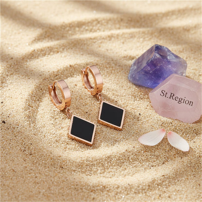 Black and 18K Rose Gold-Plated Rhombus Drop Earrings, rose gold huggie earrings, botanical inspired, detail close-up