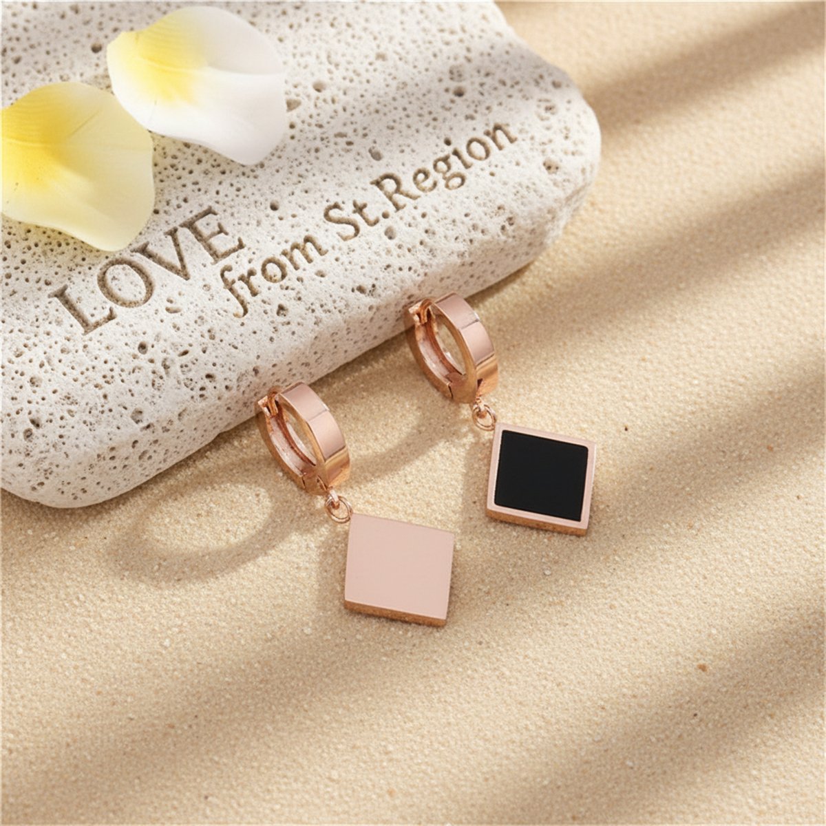 Black and 18K Rose Gold-Plated Rhombus Drop Earrings, rose gold huggie earrings, botanical inspired, lifestyle look