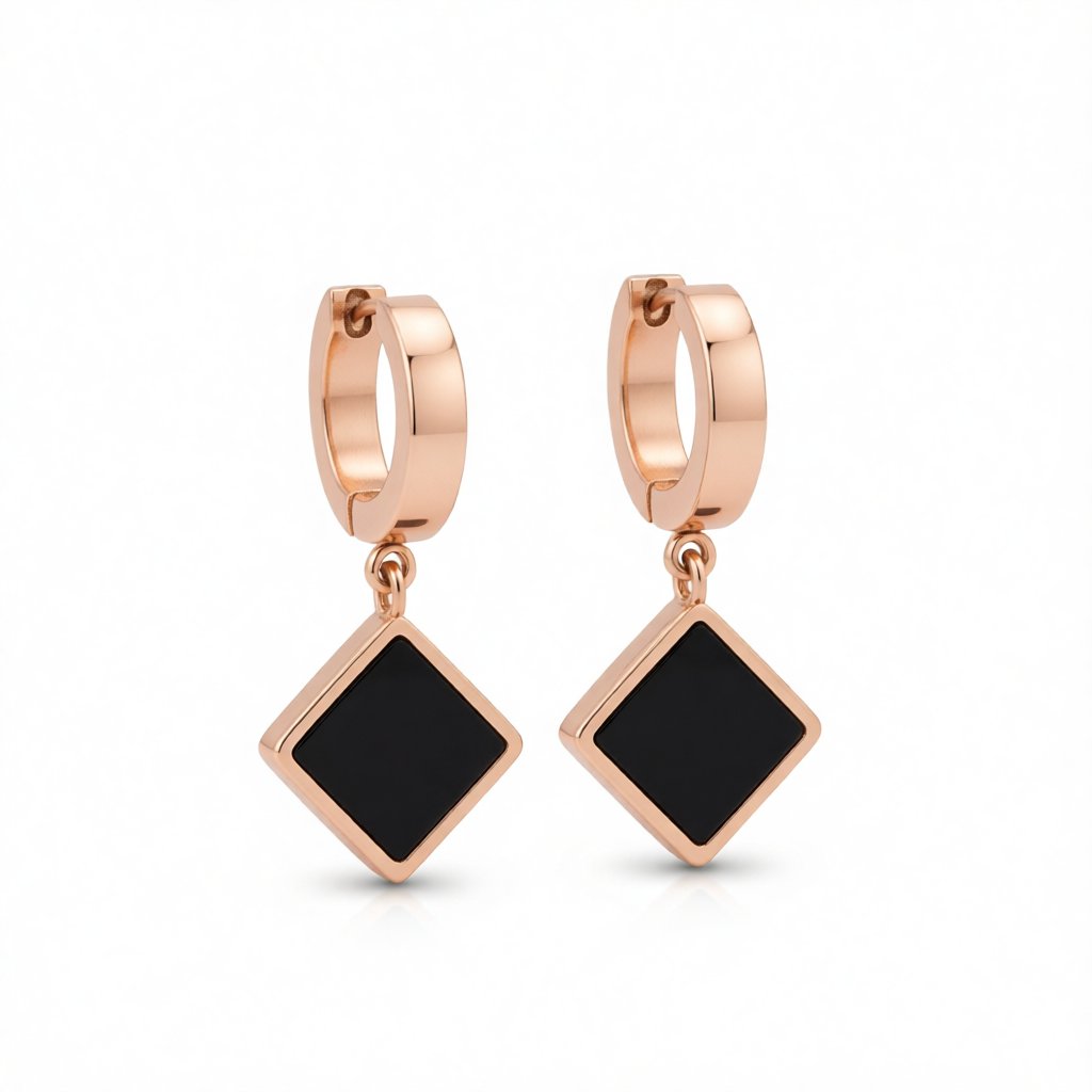 Black and 18K Rose Gold-Plated Rhombus Drop Earrings, rose gold huggie earrings, botanical inspired, side view