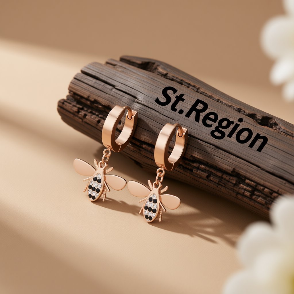 Cubic Zirconia and Rose Gold-Plated Bee Drop Earrings, rose gold huggie earrings, dainty minimalist design, front view