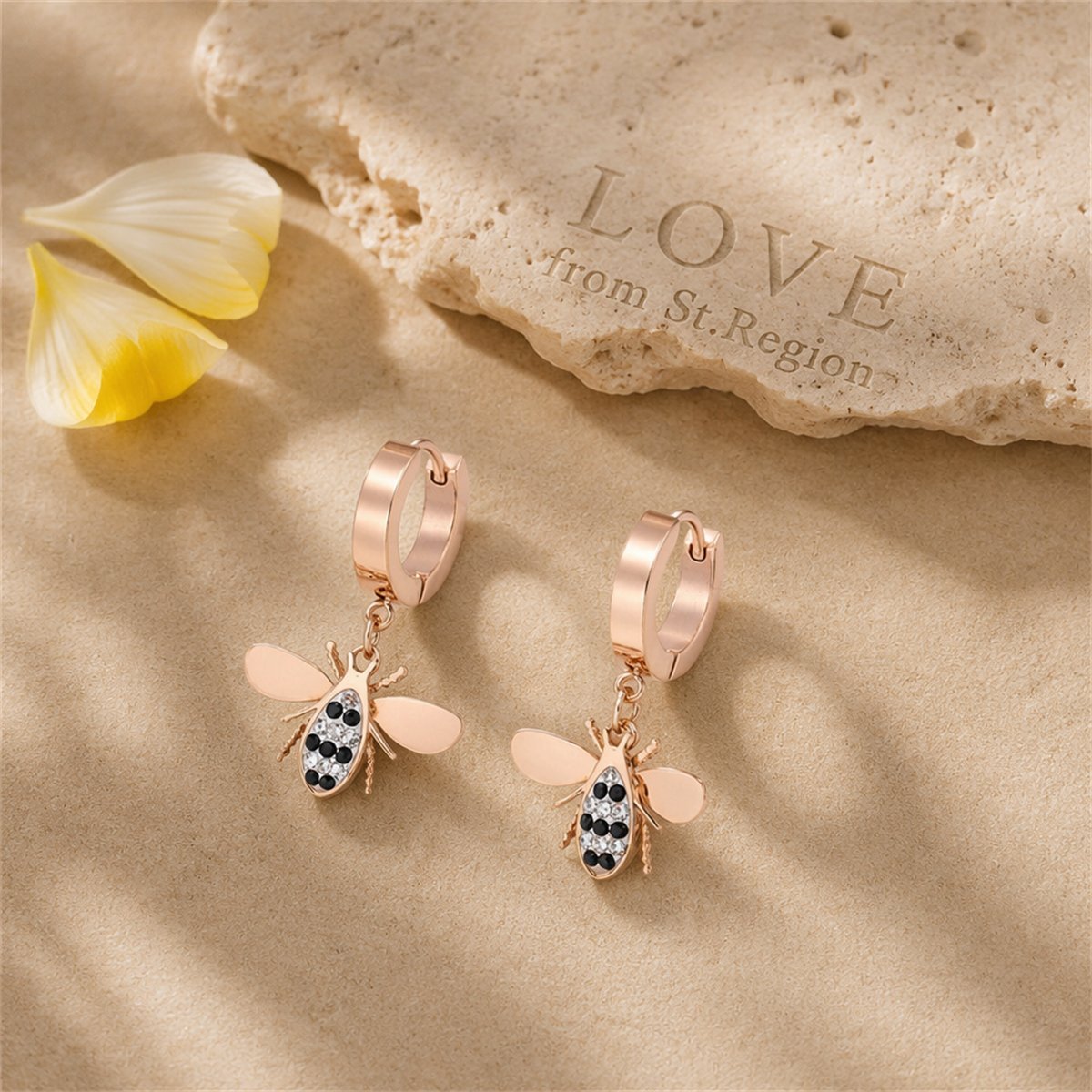 Cubic Zirconia and Rose Gold-Plated Bee Drop Earrings, rose gold huggie earrings, dainty minimalist design, lifestyle look