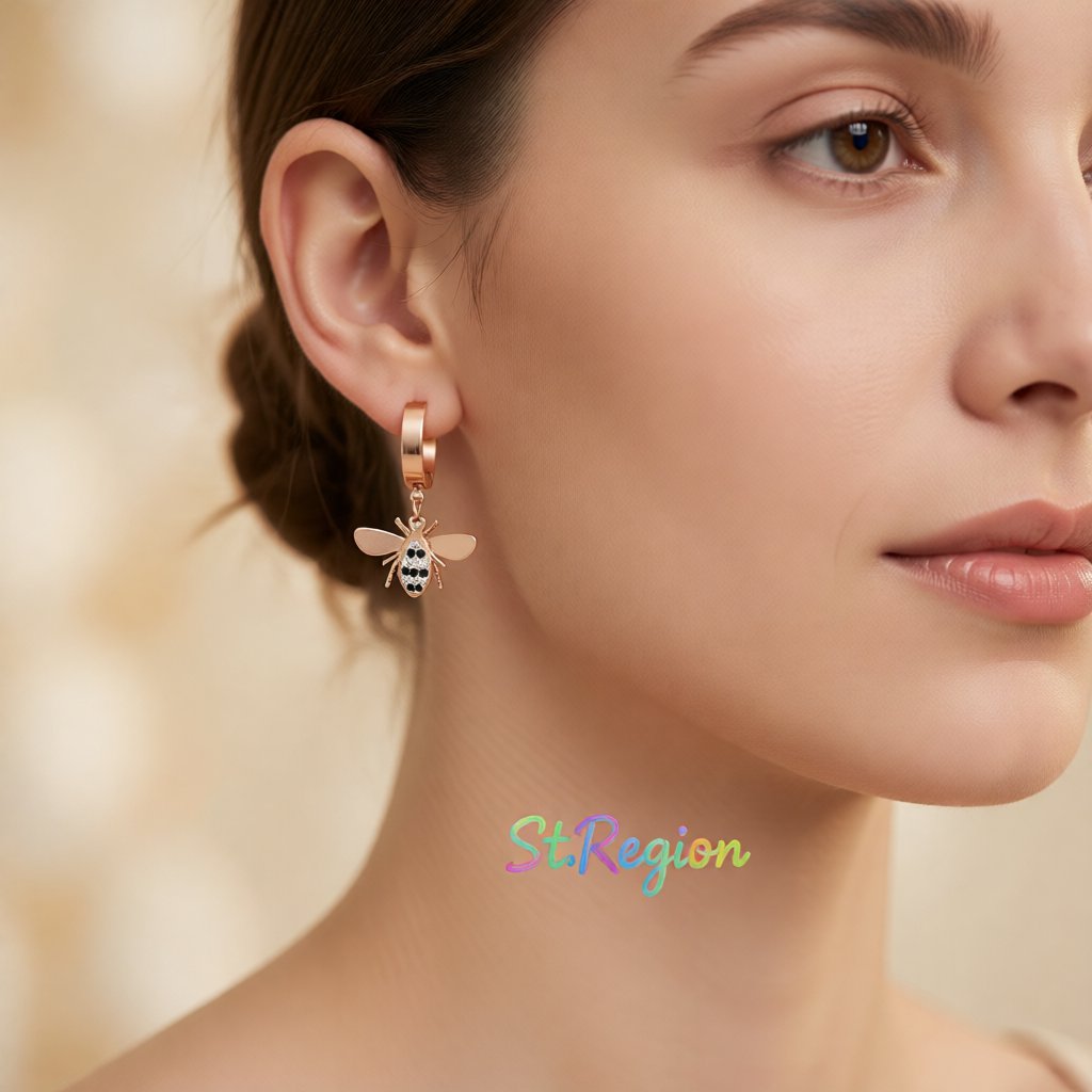 Cubic Zirconia and Rose Gold-Plated Bee Drop Earrings, rose gold huggie earrings, dainty minimalist design, styled look