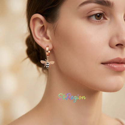 Cubic Zirconia and Rose Gold-Plated Bee Drop Earrings, rose gold huggie earrings, dainty minimalist design, styled look